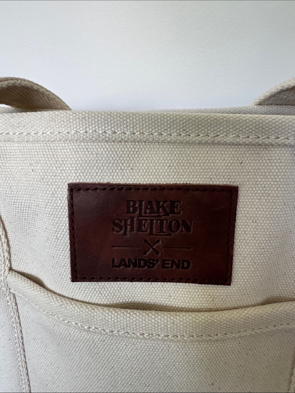 Lands' End Canvas Tote in Cream with Brown Leather Patch - Picture 2 of 8